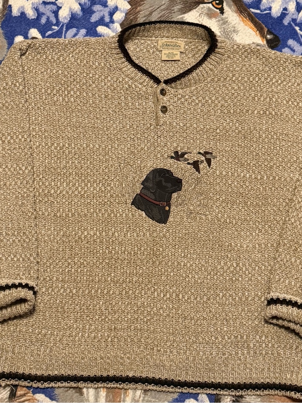 St. John's Bay Beige Crewneck Sweater with Dog and Bird Motif